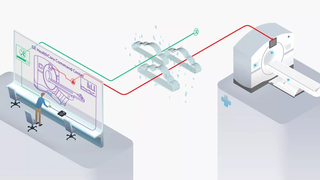 Stylized illustration of a imaging machine connecting to the cloud, and a computer