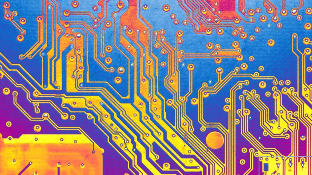 A colorful graphic featuring a futuristic overlay of data on a blue and purple background