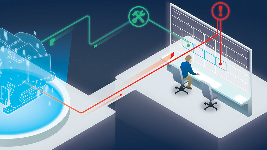 GE Healthcare monitoring station illustration showing a red alert icon and green tools icon linked to an imaging machine