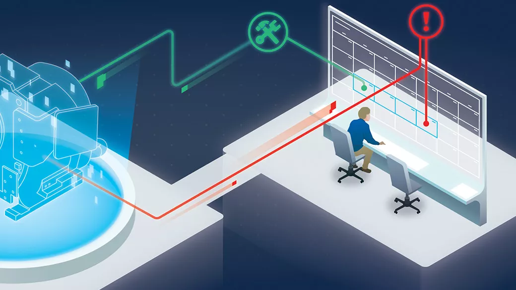GE Healthcare monitoring station illustration showing a red alert icon and green tools icon linked to an imaging machine