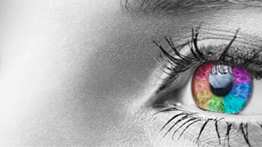 Edited image of an eye adding a rainbow overlay on the iris.