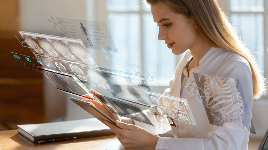 blond woman looking at tablet with simulated tabs of medical imaging applications overlaid
