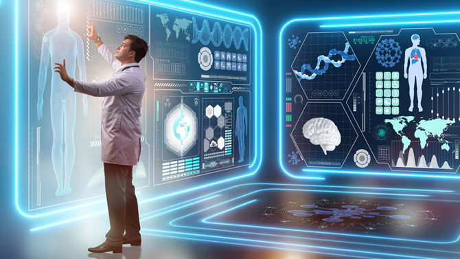 futuristic image of doctor using wall as huge radiology imaging monitor