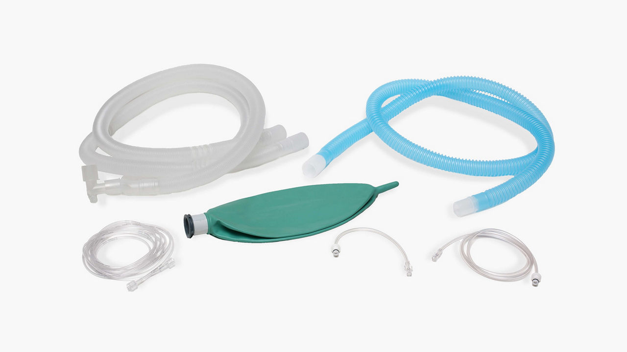 Anesthesia breathing circuit including various tubing and a breathing bag.