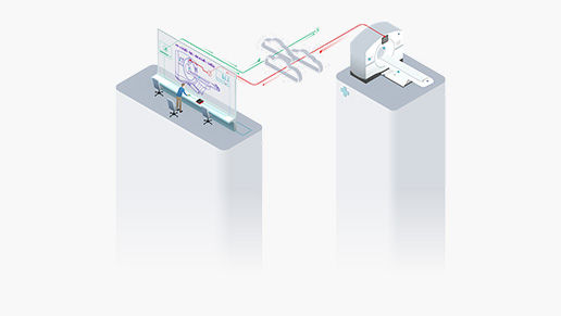 Stylized graphic showing a computer screen connecting to a MRI machine