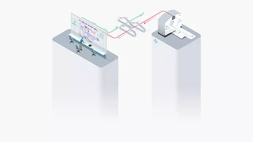 Stylized graphic showing a computer screen connecting to a MRI machine