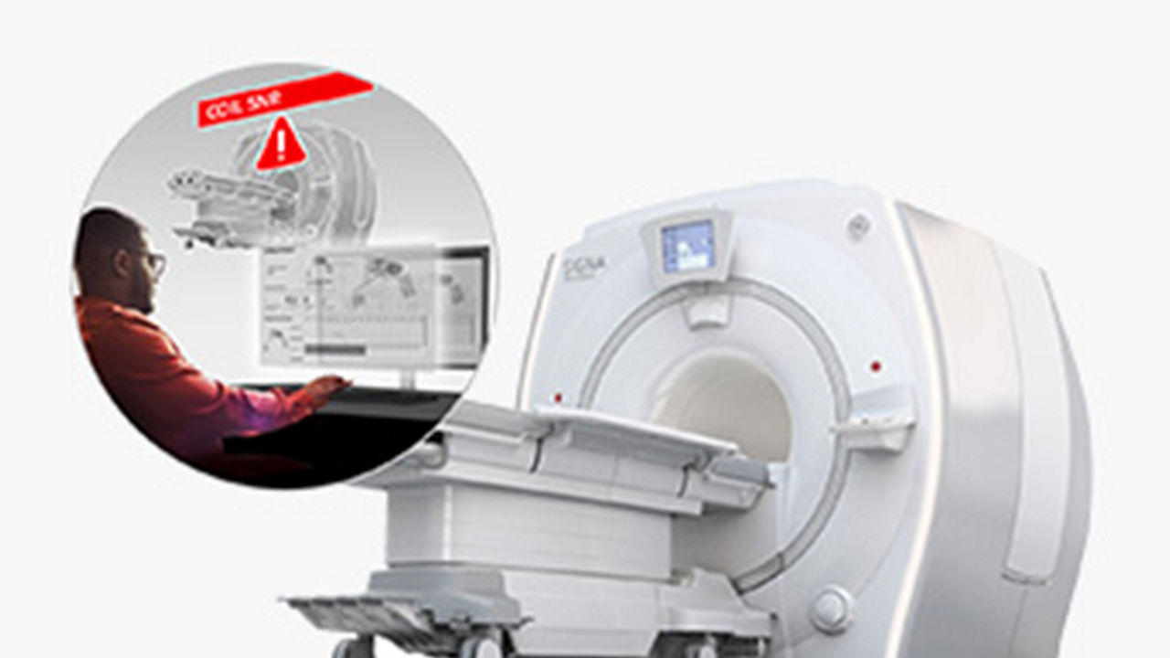 Stylized graphic of technician working at a computer by imaging equipment.