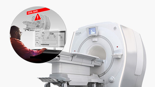 Stylized graphic of a man evaluating an error code overlayed over a MRI machine