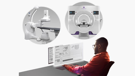 Stylized graphic of a man looking at metrics on a computer monitor with imaging machines in circles above him