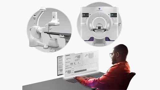 Stylized graphic of a man looking at metrics on a computer monitor with imaging machines in circles above him
