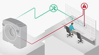 Graphic mockup of GE HealthCare's Tube Watch software connecting a monitor to an imaging system