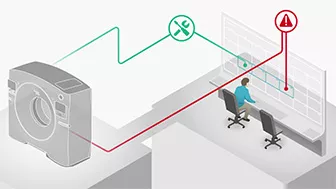 Graphic mockup of GE HealthCare's Tube Watch software connecting a monitor to an imaging system