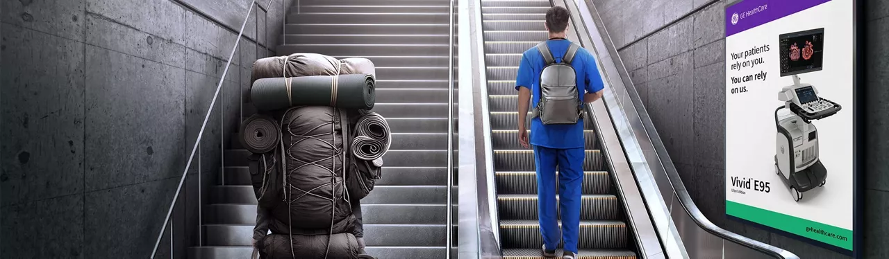 On the left is a man with a hiking pack packed to capacity infront of a flight of stairs. On the Right, is a man in scrubs with a small backpack on a escalator.