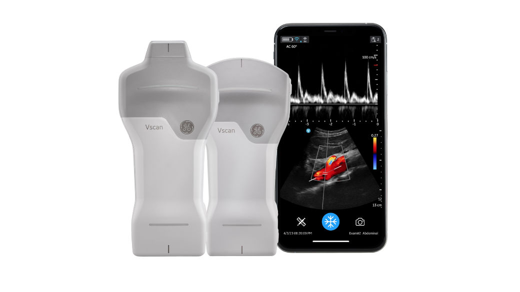 Vscan Air Cl and SL ultrasound devices with a phone
