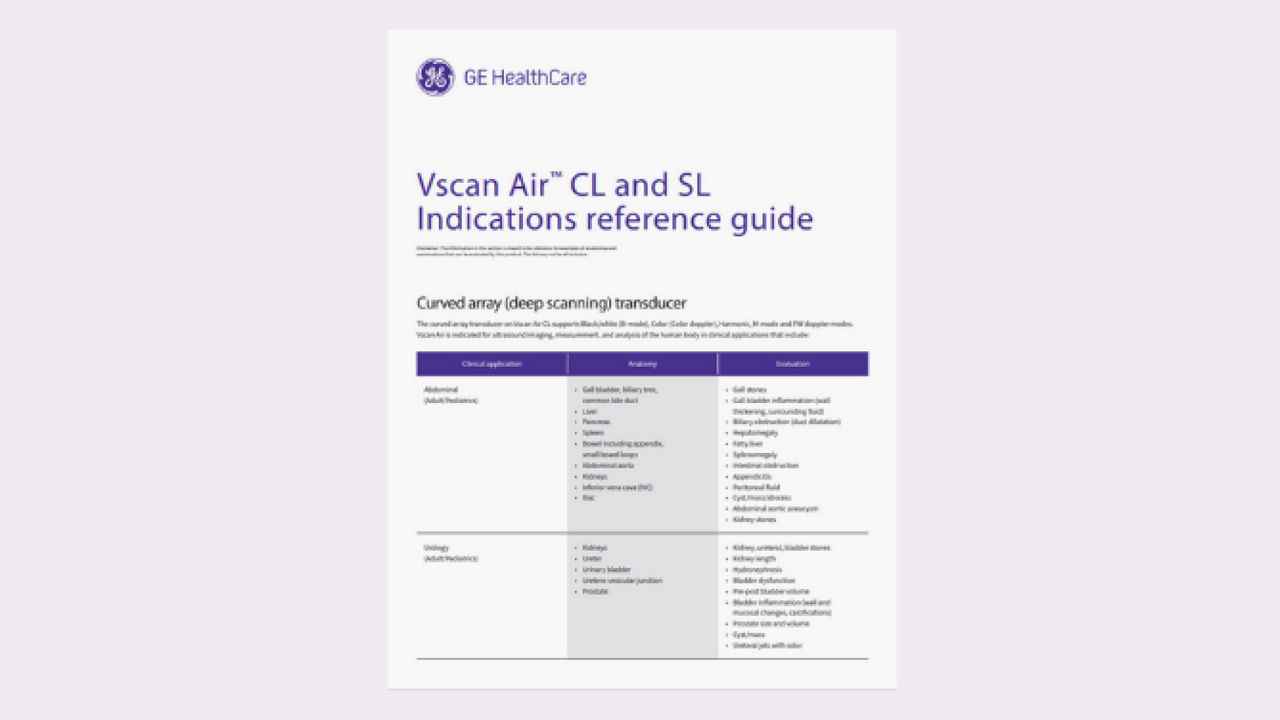 Examples of anatomies and examinations that can be evaluated by Vscan Air CL and Vscan Air SL.