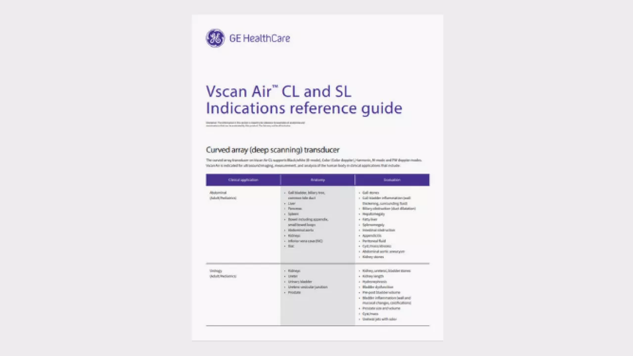 Examples of anatomies and examinations that can be evaluated by Vscan Air CL and Vscan Air SL.
