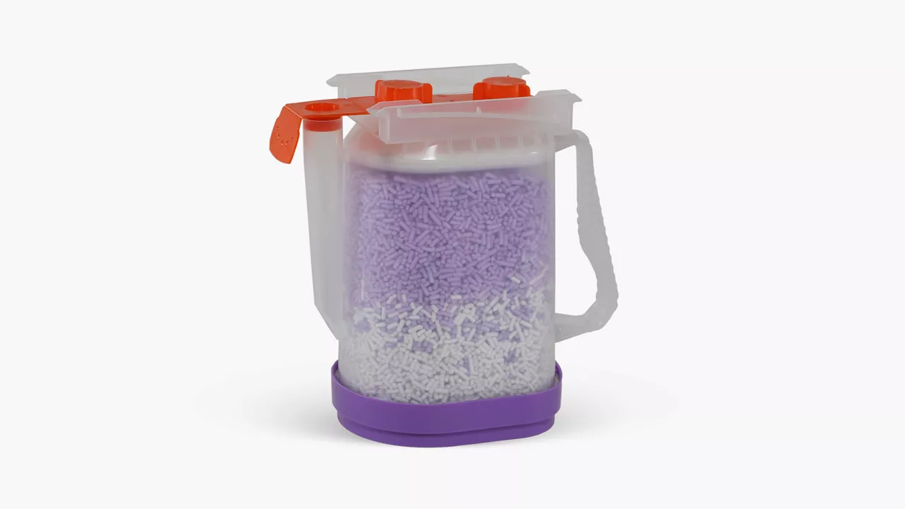 AMSORB plus product of a clear container filled with a filter media.