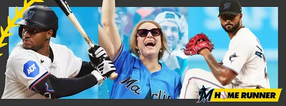 Baseball player on the left, a woman wearing a Marlins top, and baseball player on the right with Ho