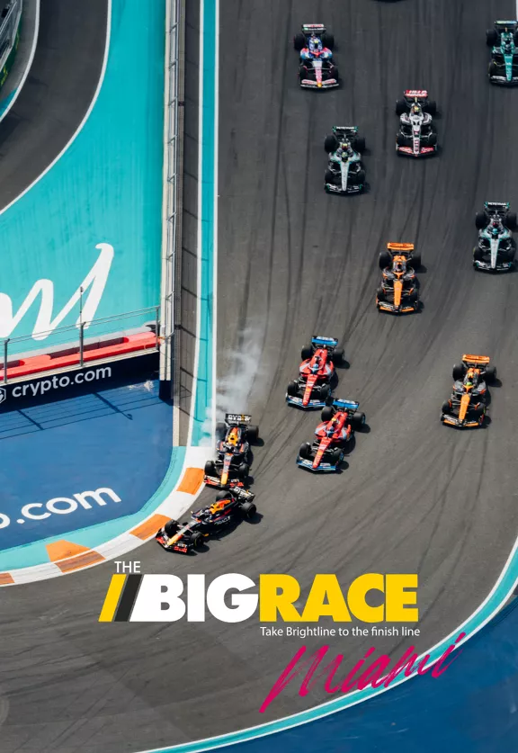 A view of the F1 race track and the Big Race logo on the top left corner and Miami on the right in the center of the banner