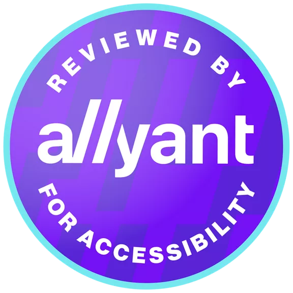 REVIEWED BY allyant FOR ACCESSIBILITY ; purple and teal badge icon
