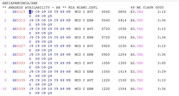 a list of AN codes to review for Amadeus