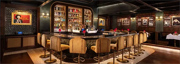 Panoramic view of an upscale cocktail bar with a central counter surrounded by upholstered bar stool