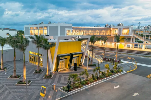 Aerial photo of the Brightline Aventura Station at twilight