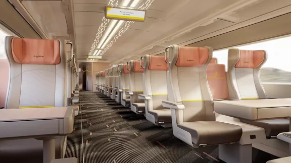 An interior rendering of a Brightline West PREMIUM car seating.