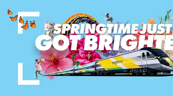 image of train and flowers on light blue background with the words springtime just got brighter