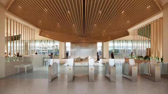 A rendering of the Brightline West Southern California station entry.