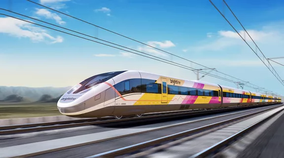 Artist rendering of Brightline West train in motion