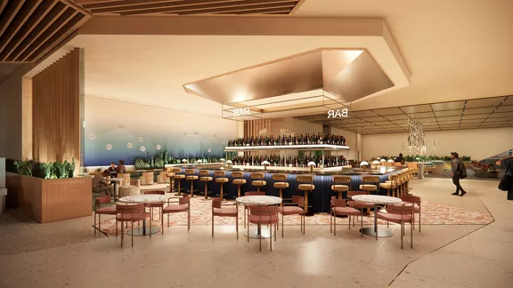 A digital rendering of the interior and lounge of the Brightline West Southern California station.