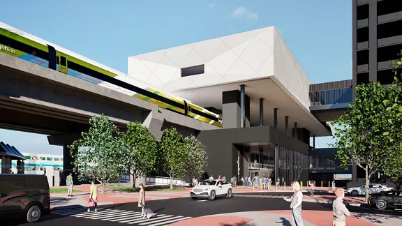 A rendering of Brightline West's Southern California station entrance.
