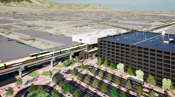 A rendering of the Brightline West Southern California Station.