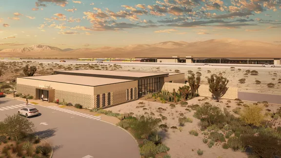 A rendering of the Brightline West Victory Valley station at sunset.