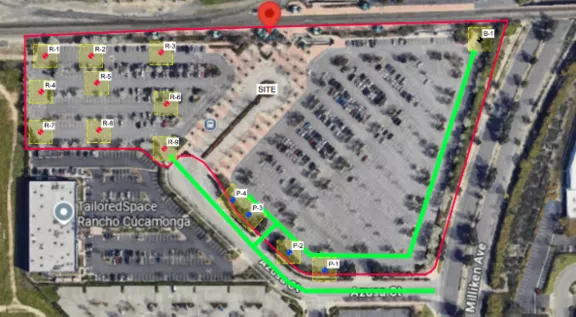 A map showing coned Brightline West work zones at the Rancho Cucamonga Station.