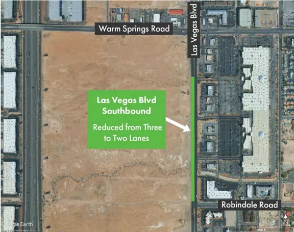 A map showing lane changes as a result of Brightline West construction work.