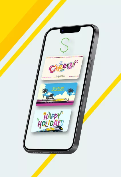 Brightline gift card designs displayed on a phone screen.