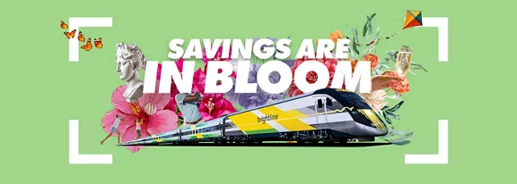 savings are in bloom words over green background and flowers and train images