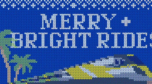 Image of train on blue background with words merry+ bright rides.