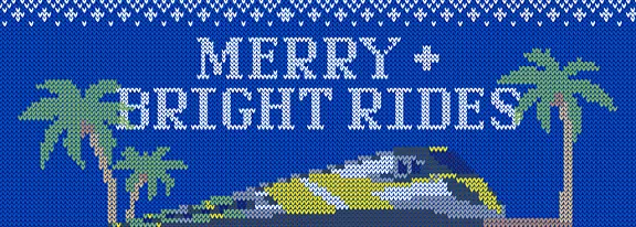 image of train on blue background with the words merry+bright rides.