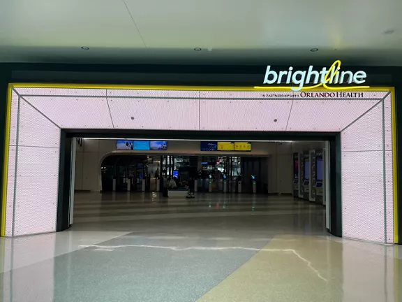 Entrance to Brightline Orlando Station in partnership with Orlando Health station