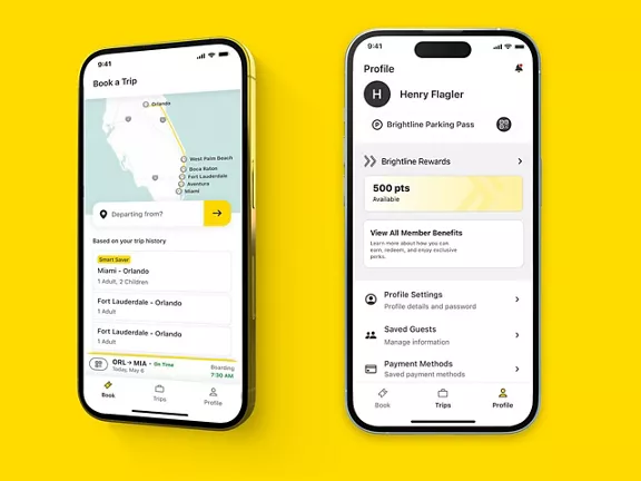 Two cellphones displaying the booking flow and Brightline Rewards dashboard in the Brightline App.