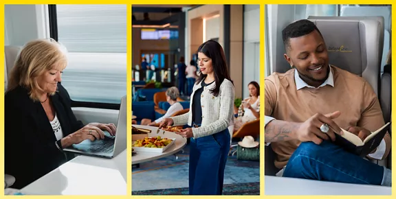 Triptych image shows three passengers enjoying different activities during modern train travel. On the left, an older woman types on a laptop at her seat. In the center, a younger woman serves herself food from a buffet-style counter in a bright lounge area. On the right, a man relaxes in a comfortable seat while reading a book.