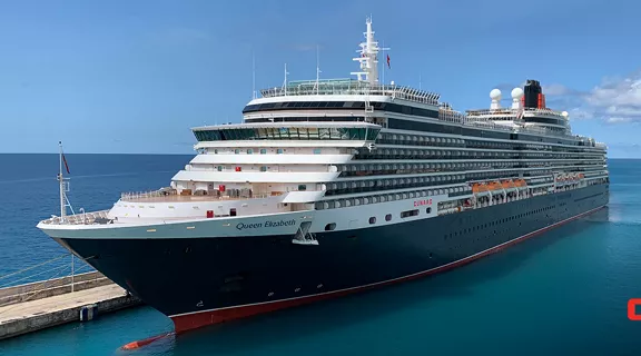 A Cunard cruise ship with the Cunard logo overlay 