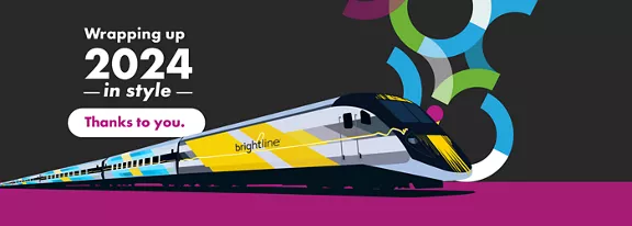 A vibrant, minimalist graphic of a Brightline train with a graphic that reads "Wrapping up 2024" 