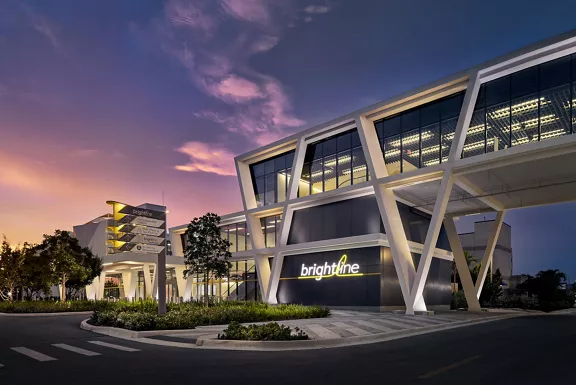 Evening view of Brightline Fort Lauderdale Station.