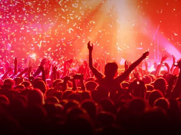 A crowd of people dancing at a concert, surrounded by confetti and pink lights