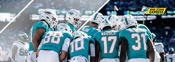 The Miami Dolphins football team huddle with a END ZONE EXPRESS icon with Dolphin logo in the upper right corner