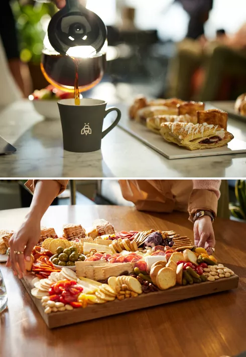 A freshly poured cup of coffee, pastries, and a charcuterie board.